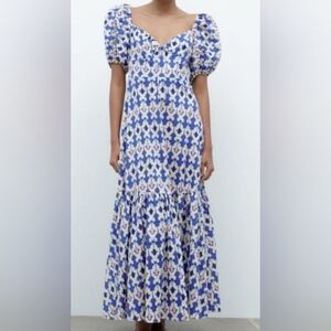 Zara Women's Geometric Pattern Maxi Dress | Blue Cream Pink | Size Medium